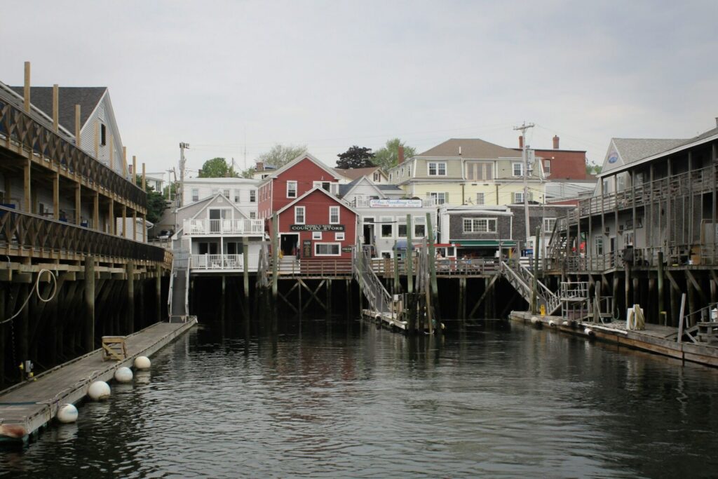 White and red houses beside river
