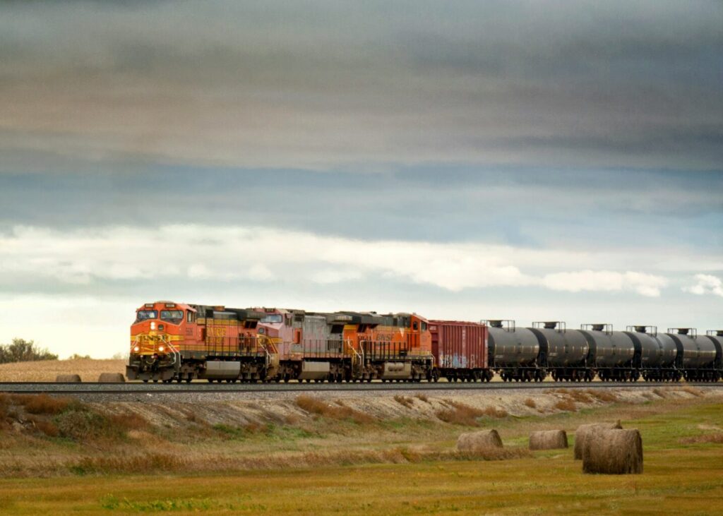 BSNF train transporting North Dakota Bakken shale oil from Western North Dakota to refinery. Photographed in Dickinson, North Dakota.