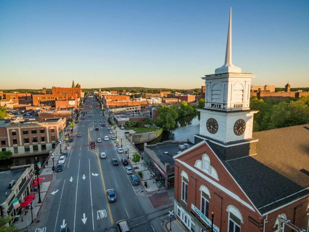 Aerial shot of buildings in Nashua, New Hampshire.