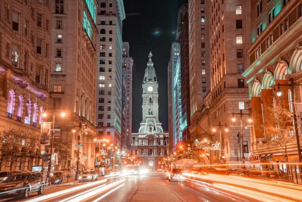 Timelapse photography of Philadelphia city at night time