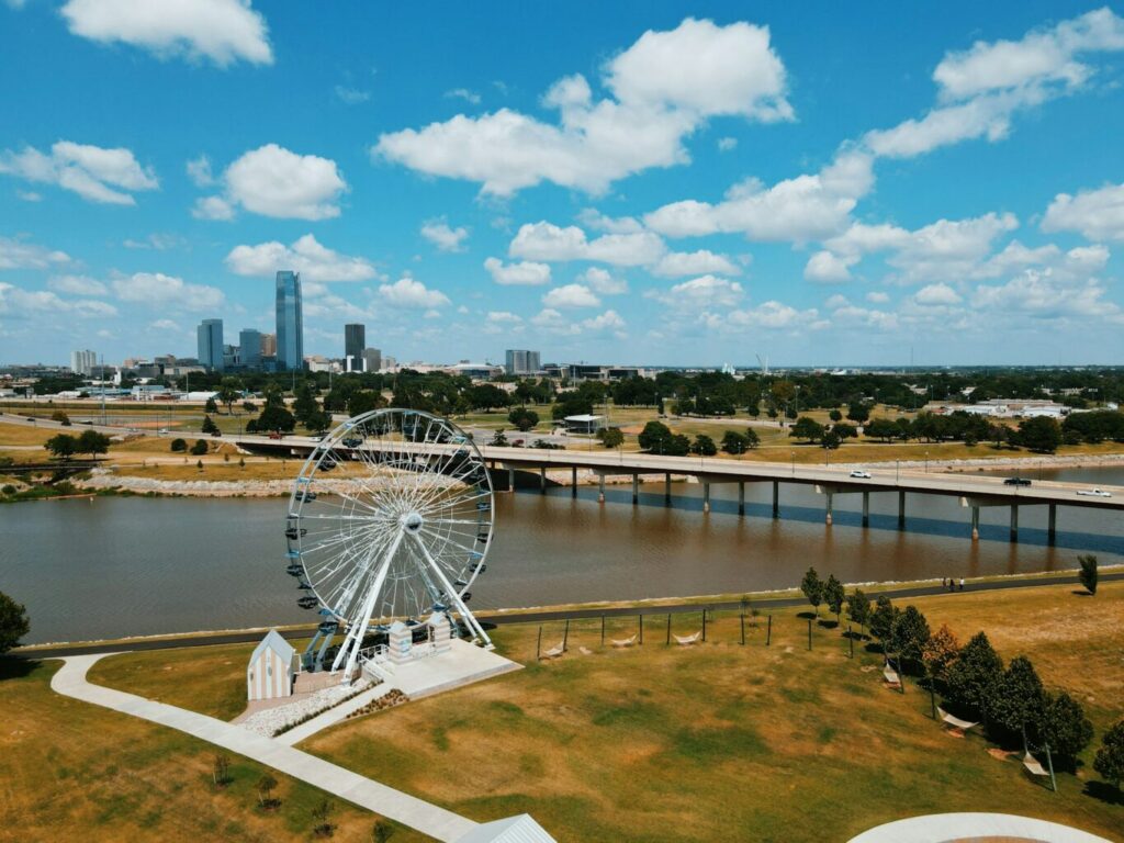 White ferris wheel near body of water under blue sky during daytime