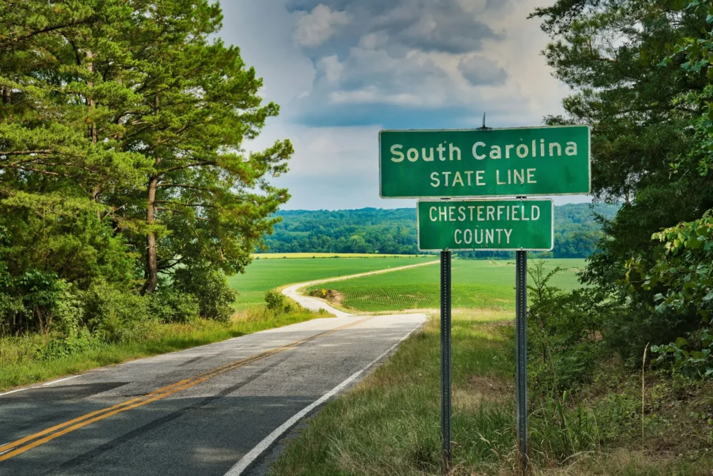 South Carolina state line sign marking entry into Chesterfield County, representing the South Carolina corporate income tax jurisdiction