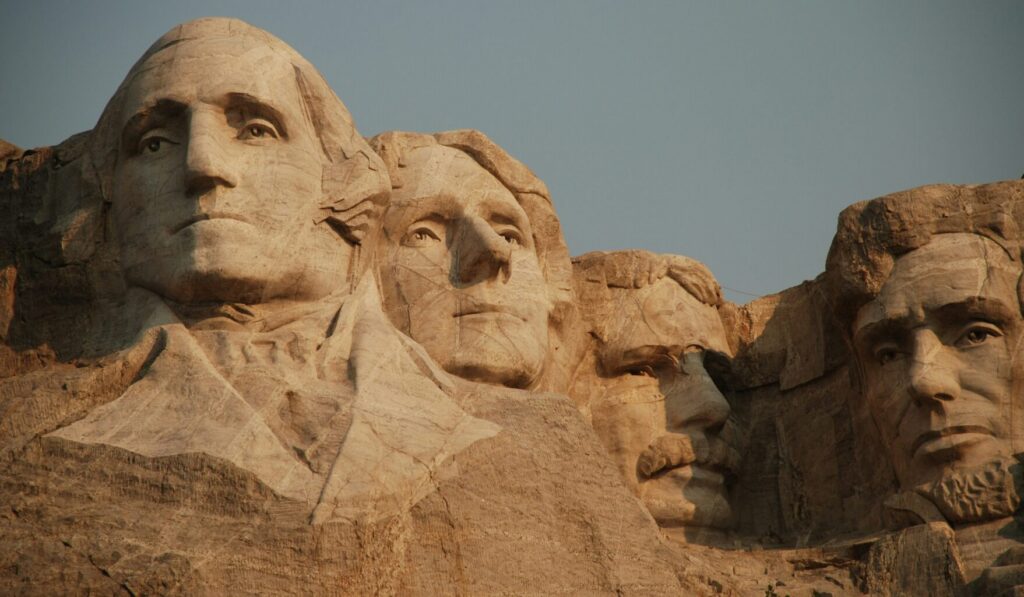 Close-up of the presidential faces carved into Mount Rushmore, South Dakota